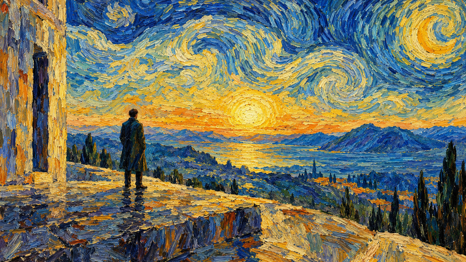 Expressive post-impressionist painting of a solitary figure contemplating a luminous horizon