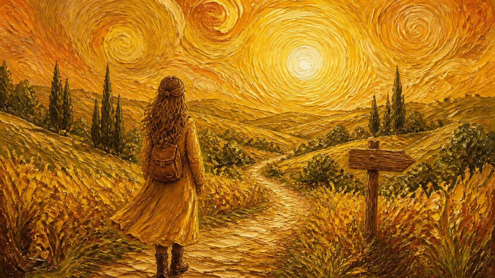Painting of a young woman with a backpack walking a winding golden path toward a glowing sun, with a signpost beside the path