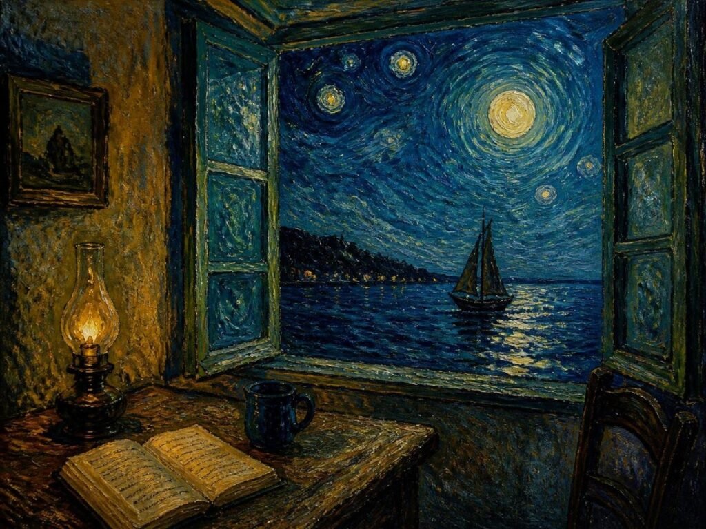 Painting of an open window onto a moonlit sea and starry sky, with a lamp and an open book